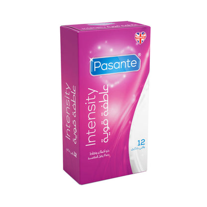 Pasante Intensity condom packaging on a white background