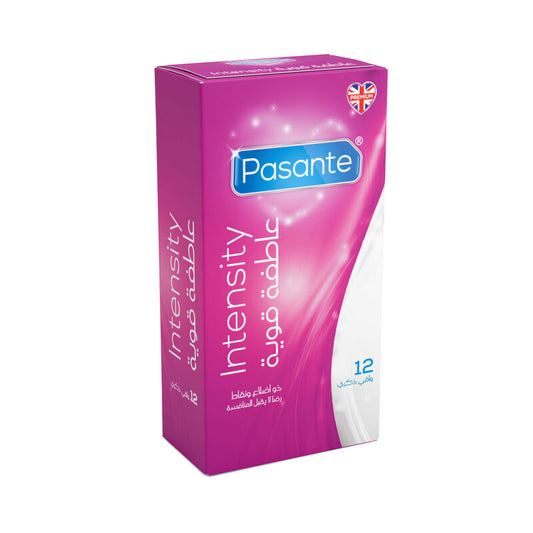 Pasante Intensity condom packaging on a white background
