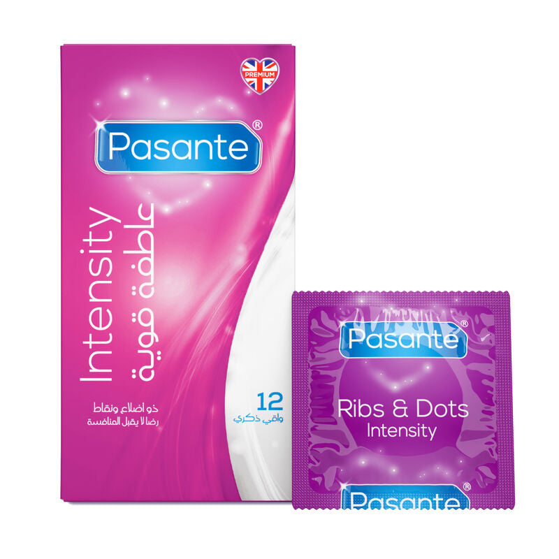 Pasante Intensity packaging with pink and purple design on a white background