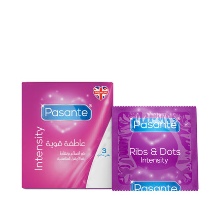 Pasante Intensity and Ribs & Dots Intensity condoms on a white background
