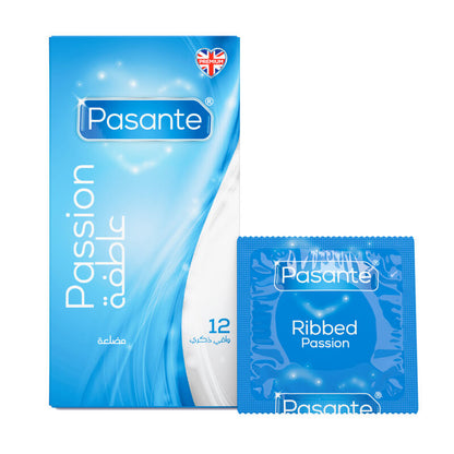 Pasante Passion packaging with a blue and white design on a white background