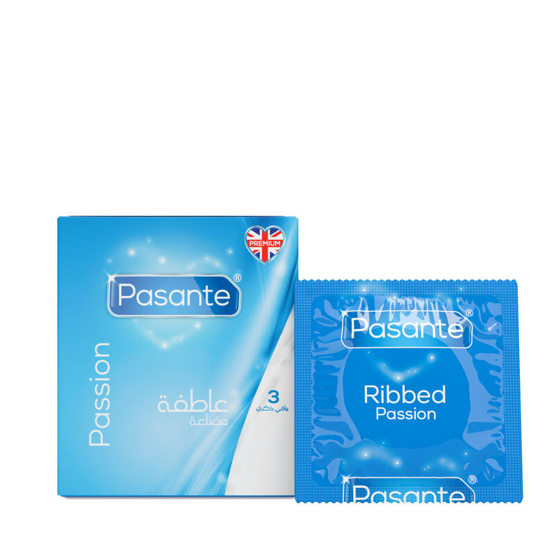 Two blue Pasante condom packages on a white background