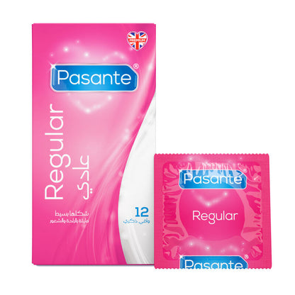 Pasante regular condom packaging on a white background