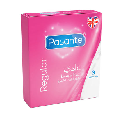 Pink packaging of Pasante condoms with English and Arabic text on a white background