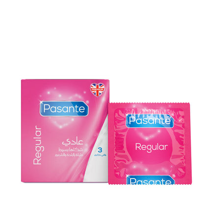 Two pink Pasante condom packages on a white background