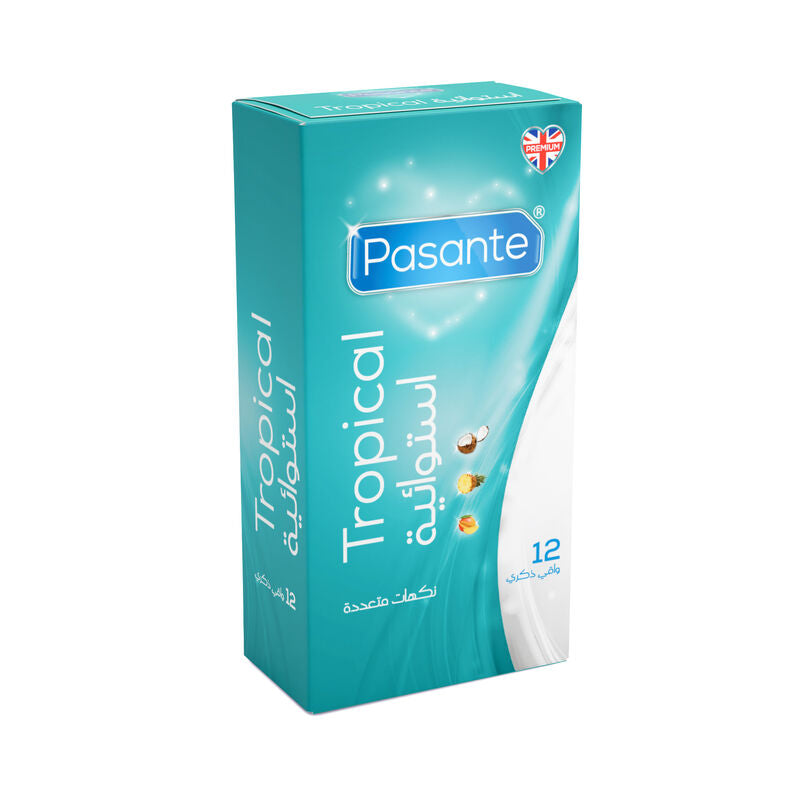Pasante Tropical flavor condoms packaging on a white background