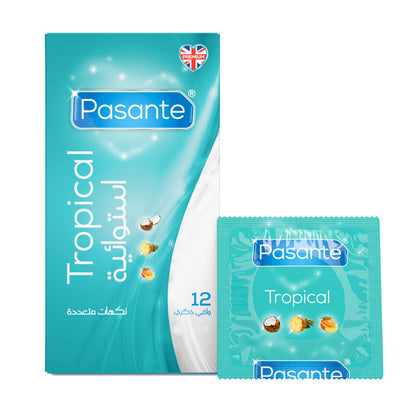 Pasante Tropical packaging with a British flag on a white background
