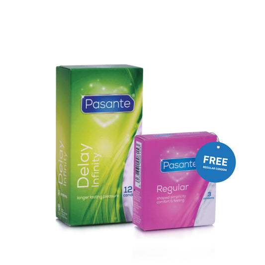 Two boxes of Pasante condoms, one green and one pink, on a white background.