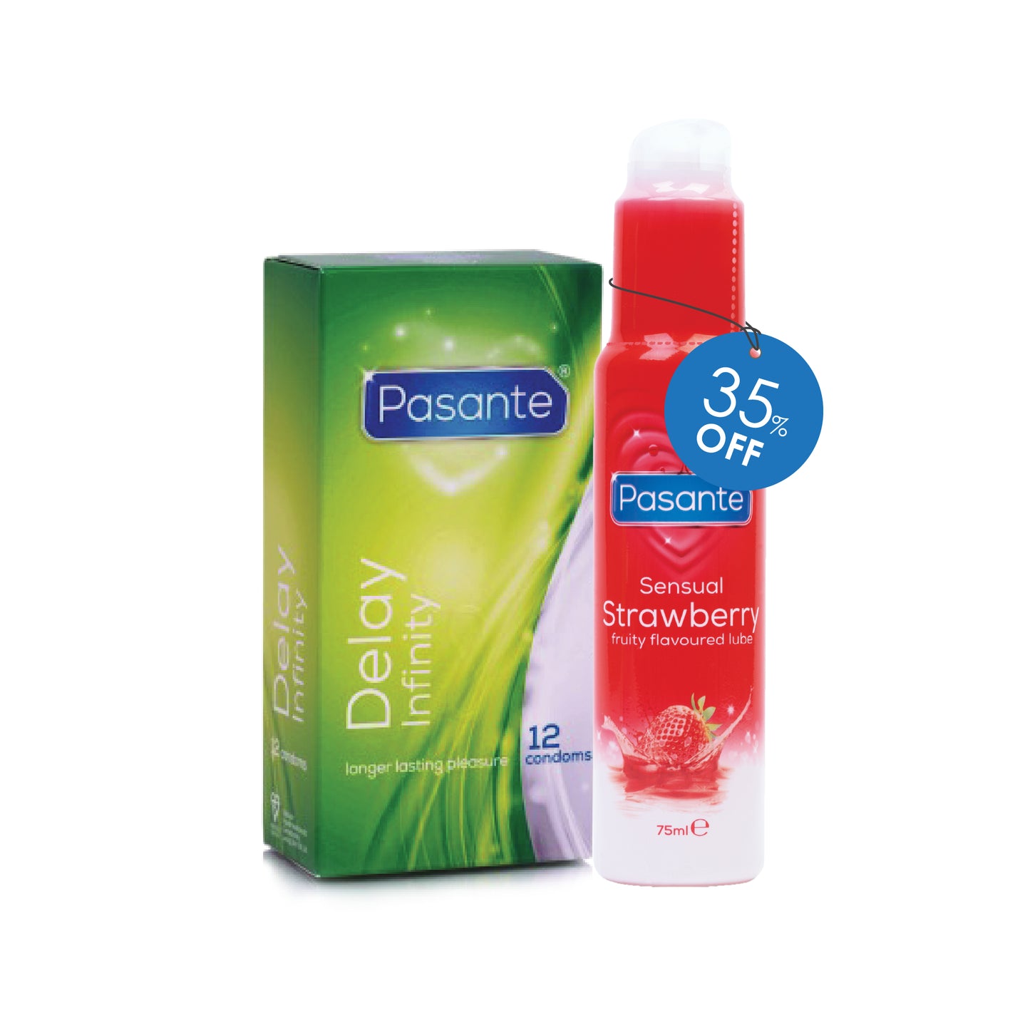 Pasante Delay Infinity condoms and Sensual Strawberry lubricant on a white background